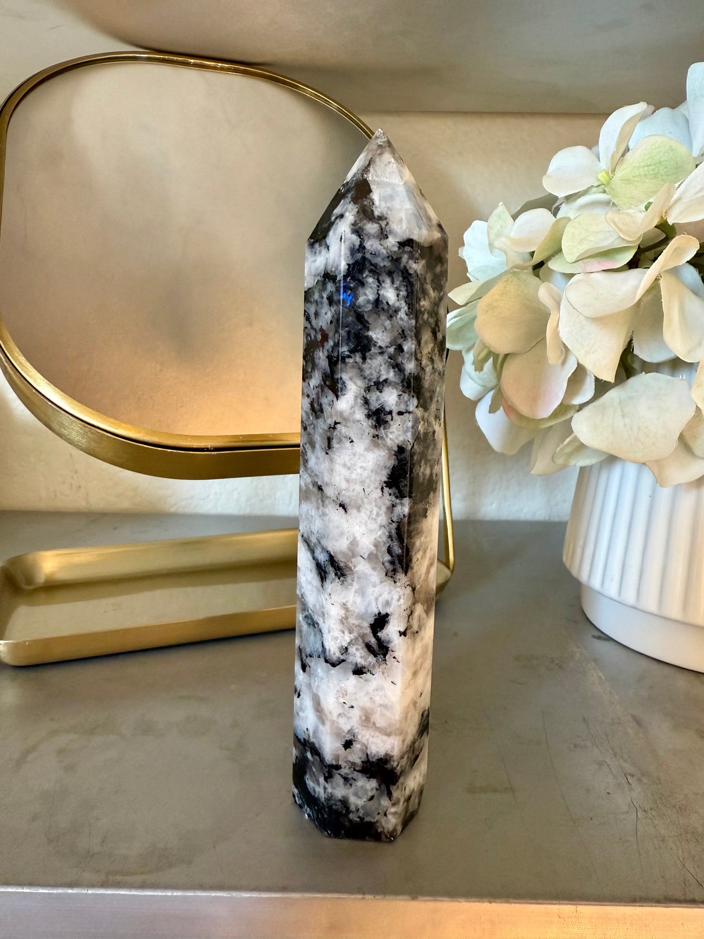 Rainbow Moonstone with Tourmaline Tower