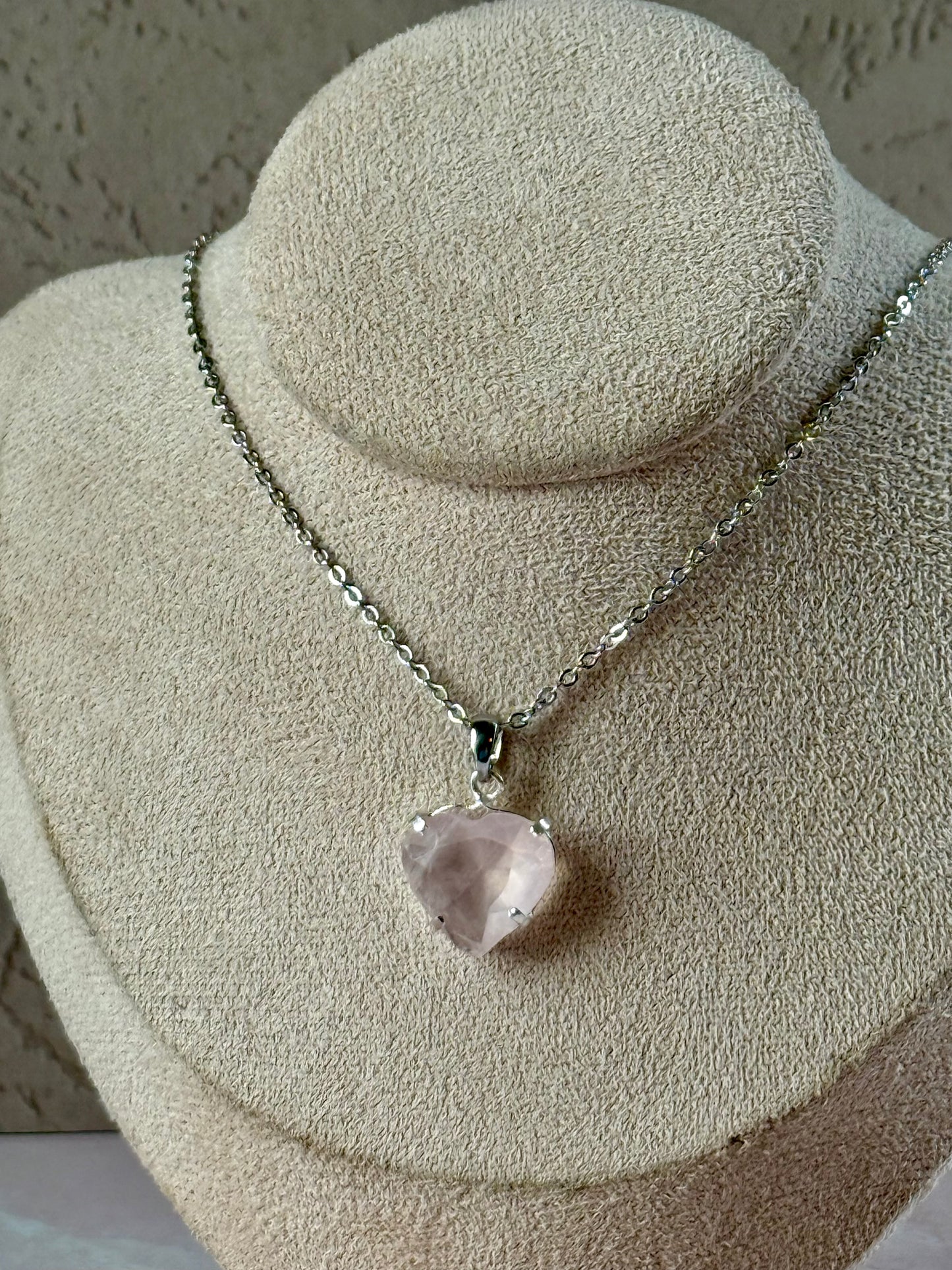 Faceted Rose Quartz Heart Necklace (Silver)