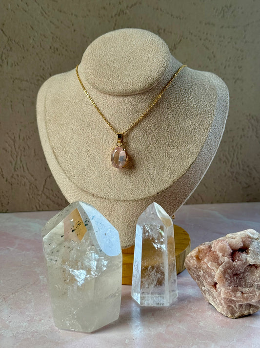 Faceted Rose Quartz Oval Necklace (Gold)