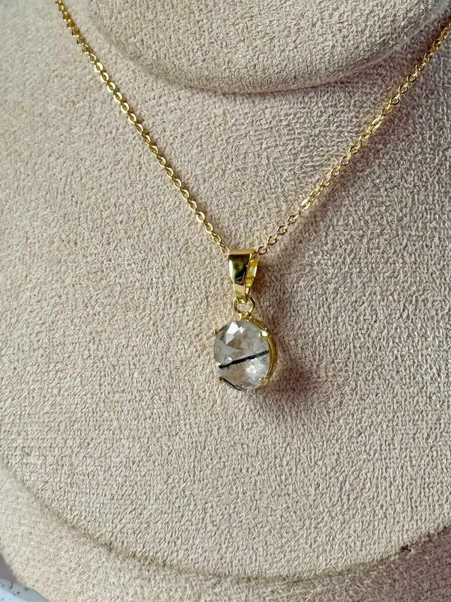 Faceted Black Tourmaline In Quartz Round Necklace (Gold)