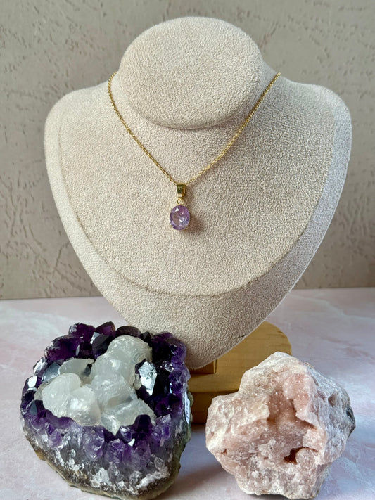 Faceted Amethyst Round Necklace (Gold)