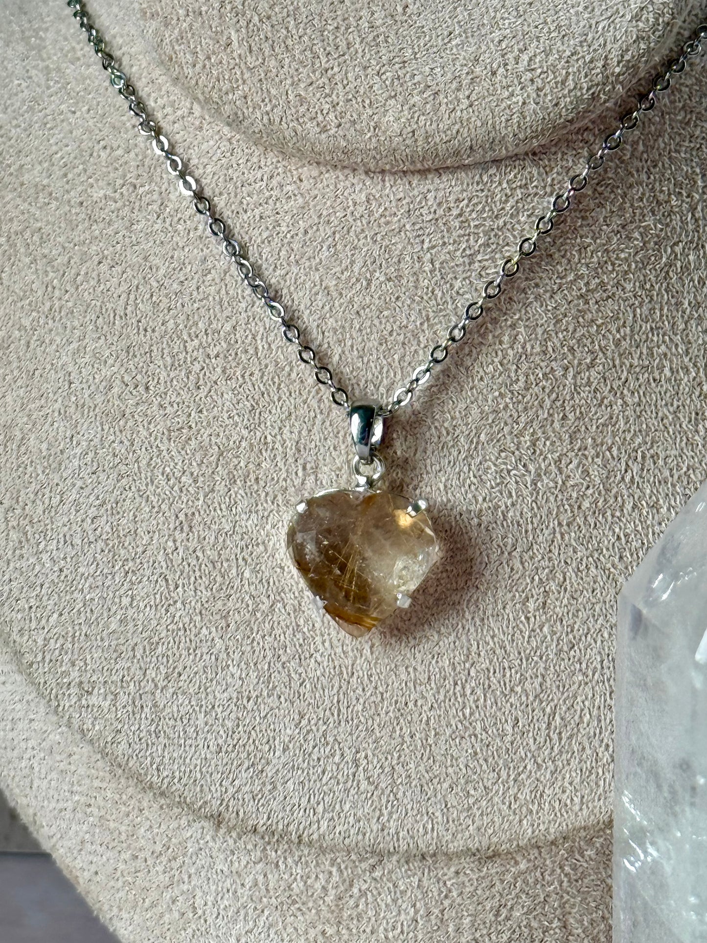 Faceted Copper Rutilated Quartz Heart Necklace (Silver)